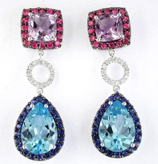 LARGE 14.61CT DIAMOND & AAA MULTI GEM 14KT WHITE GOLD TEAR DROP HANGING EARRINGS