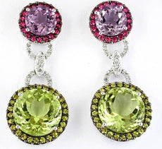 18.18CT DIAMOND & AAA MULTI GEM 14KT WHITE GOLD DOUBLE FLOWER HANGING EARRINGS