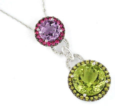 8.90CT DIAMOND & AAA MULTI GEM 14K WHITE GOLD DOUBLE FLOWER FUN FLOATING PENDANT
