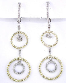 ESTATE .25CT DIAMOND 14KT 2 TONE GOLD MULTI CIRCULAR LEVERBACK HANGING EARRINGS