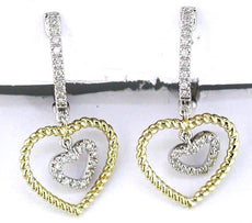 ESTATE .17CT DIAMOND 14KT 2 TONE GOLD CLASSIC DOUBLE HEART FUN HANGING EARRINGS