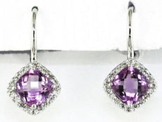 2.22CT DIAMOND & AAA AMETHYST 14KT WHITE GOLD CUSHION & ROUND HANGING EARRINGS