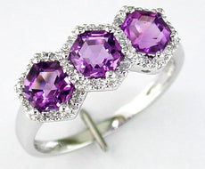 1.47CT DIAMOND & AAA AMETHYST 14KT WHITE GOLD 3D HEXAGON HALO 3 STONE FUN RING