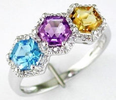 1.77CT DIAMOND & AAA MULTI GEM 14KT WHITE GOLD ROUND & OCTAGON THREE STONE RING