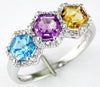 1.77CT DIAMOND & AAA MULTI GEM 14KT WHITE GOLD ROUND & OCTAGON THREE STONE RING
