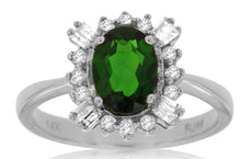 1.55CT DIAMOND & AAA TSAVORITE 14KT WHITE GOLD OVAL ROUND & BAGUETTE FLOWER RING
