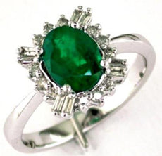 1.45CT DIAMOND AAA EMERALD 14KT WHITE GOLD OVAL ROUND & BAGUETTE ENGAGEMENT RING