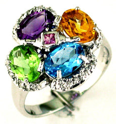 3.37CT DIAMOND & AAA MULTI GEM 14KT WHITE GOLD 3D OVAL & ROUND FLOWER FUN RING