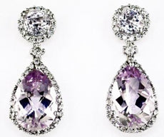 7.35CT DIAMOND & AAA PINK AMETHYST 14KT WHITE GOLD 3D TEAR DROP HANGING EARRINGS