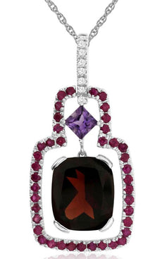 5.6CT DIAMOND  AAA RUBY GARNET & AMETHYST 14K WHITE GOLD SQUARE FLOATING PENDANT
