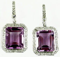 13.17CT DIAMOND & AMETHYST 14KT WHITE GOLD EMERALD CUT OCTAGON HANGING EARRINGS