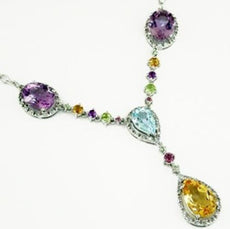 10.50CT DIAMOND & AAA MULTI GEM 14KT WHITE GOLD 3D MULTI SHAPE LARIAT NECKLACE