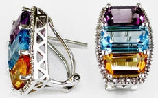 ESTATE 9.26CT DIAMOND & AAA MULTI GEM 14K WHITE GOLD 3D CLIP ON HANGING EARRINGS