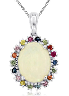 3.4CT AAA OPAL & MULTI COLOR SAPPHIRE 14K WHITE GOLD OVAL FUN FLOATING PENDANT