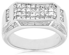 1.45CT DIAMOND 14KT WHITE GOLD PRINCESS MULTI ROW INVISIBLE FILIGREE MENS RING