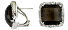 11.72CT DIAMOND & AAA SMOKY TOPAZ 14K WHITE GOLD 3D SQUARE HALO CLIP ON EARRINGS