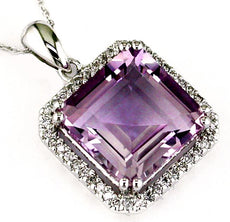 7.64CT DIAMOND & AAA AMETHYST 14KT WHITE GOLD 3D SQUARE HALO FLOATING PENDANT
