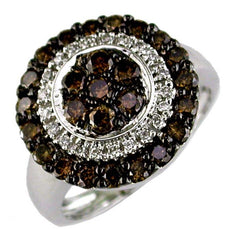 1.32CT WHITE & CHOCOLATE FANCY DIAMOND 14KT WHITE GOLD CLUSTER FLOWER LOVE RING