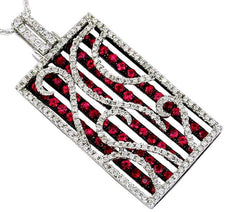 2.90CT DIAMOND & AAA RUBY 14KT WHITE GOLD RECTANGULAR MULTI ROW FILIGREE PENDANT