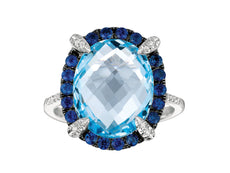 10.56CT DIAMOND & AAA SAPPHIRE & BLUE TOPAZ 14K WHITE GOLD 3D OVAL HALO FUN RING