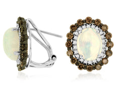 3.3CT WHITE & MOCHA DIAMOND & AAA OPAL 14K WHITE GOLD 3D FLOWER CLIP ON EARRINGS