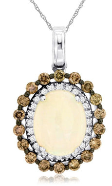 2.32CT WHITE & CHOCOLATE FANCY DIAMOND & OPAL 14K WHITE GOLD OVAL FLOWER PENDANT