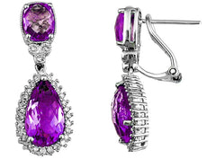 LARGE 6.95CT DIAMOND & AAA AMETHYST 14KT WHITE GOLD TEAR DROP HANGING EARRINGS