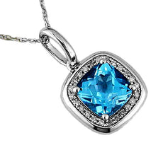 1.88CT DIAMOND & AAA BLUE TOPAZ 14KT WHITE GOLD CUSHION & ROUND FLOATING PENDANT