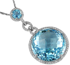 27.88CT DIAMOND & AAA BLUE TOPAZ 14KT WHITE GOLD 3D ROUND HALO FLOATING PENDANT