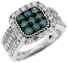 WIDE 2.0CT WHITE & BLUE DIAMOND 14KT WHITE GOLD 3D CLUSTER SQUARE HALO FUN RING