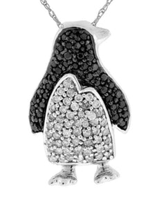 .33CT WHITE & BLACK DIAMOND 14KT WHITE GOLD 3D HAPPY PENGUIN FLOATING PENDANT