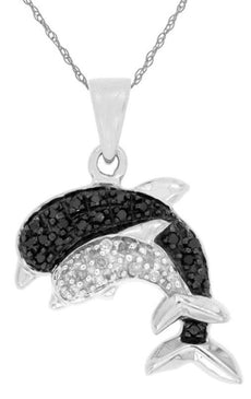 ESTATE .11CT WHITE & BLACK DIAMOND 14KT WHITE GOLD 3D DOUBLE DOLPHIN PENDANT