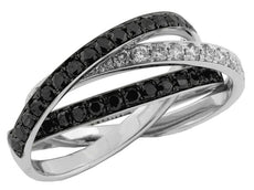 1.10CT WHITE & BLACK DIAMOND 14KT WHITE GOLD CRISS CROSS MULTI ROW TRINITY RING