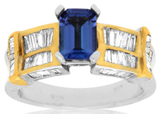 1.98CT DIAMOND & TANZANITE 14K WHITE GOLD EMERALD CUT & BAGUETTE ENGAGEMENT RING