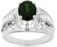 3.47CT DIAMOND & AAA GREEN GARNET 14K WHITE GOLD OVAL & BAGUETTE ENGAGEMENT RING