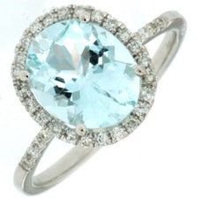 2.21CT DIAMOND & AAA AQUAMARINE 14KT WHITE GOLD 3D OVAL & ROUND ENGAGEMENT RING