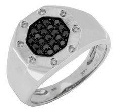 .48CT WHITE & BLACK DIAMOND 14KT WHITE GOLD 3D CLUSTER HEXAGON ETOILE MENS RING