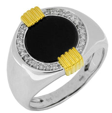 ESTATE .20CT DIAMOND & AAA ONYX 14KT 2 TONE GOLD 3D CIRCULAR CLASSIC MENS RING