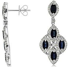 3.80CT DIAMOND & AAA SAPPHIRE 14KT WHITE GOLD MARQUISE FLOWER HANGING EARRINGS