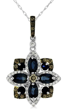 1.88CT WHITE & CHOCOLATE FANCY DIAMOND & SAPPHIRE 14KT WHITE GOLD FLOWER PENDANT