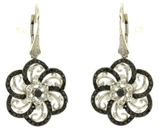 1.90CT WHITE & BLACK DIAMOND 14K WHITE GOLD 3D FLOWER LEVERBACK HANGING EARRINGS