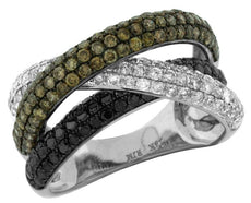 2.05CT WHITE, CHOCOLATE FANCY, & BLACK DIAMOND 14KT WHITE GOLD CRISS CROSS RING