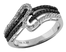 .40CT WHITE & BLACK DIAMOND 14KT WHITE GOLD MULTI ROW CRISS CROSS SWIRL FUN RING