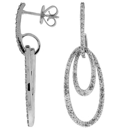 ESTATE 1.10CT DIAMOND 14KT WHITE GOLD 3D DOUBLE OVAL HANGING EARRINGS