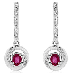 ESTATE 0.50CT DIAMOND & RUBY 14KT WHITE GOLD OVAL & ROUND SWIRL HANGING EARRINGS