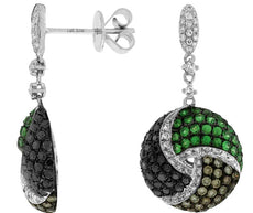 1.9CT WHITE MOCHA & BLACK DIAMOND & GREEN GARNET 14K WHITE GOLD HANGING EARRINGS