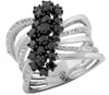 WIDE 1.46CT WHITE & BLACK DIAMOND 14KT WHITE GOLD 3D CLUSTER MULTI ROW FUN RING