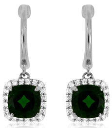 2.2CT DIAMOND & AAA GREEN GARNET 14K WHITE GOLD CUSHION & ROUND HANGING EARRINGS