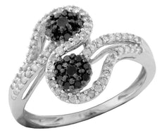 .55CT WHITE & BLACK DIAMOND 14KT WHITE GOLD DOUBLE FLOWER CRISS CROSS LOVE RING