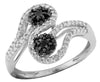 .55CT WHITE & BLACK DIAMOND 14KT WHITE GOLD DOUBLE FLOWER CRISS CROSS LOVE RING